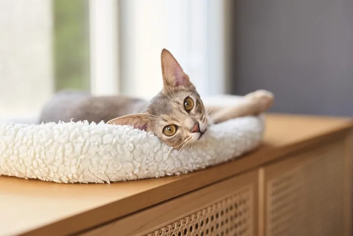 Framed Print : Abyssinian cat (Felis catus), lying in a cuddly bed
