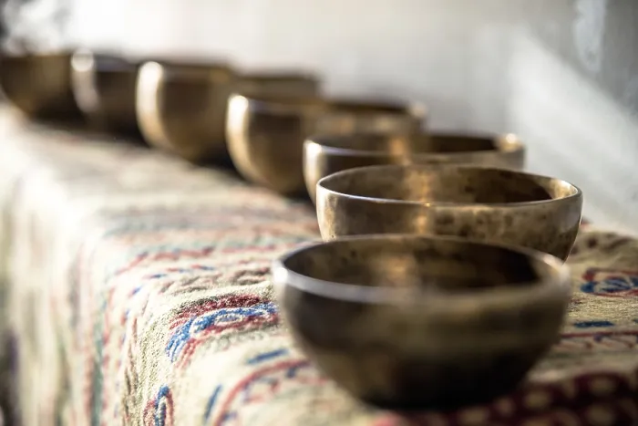 Framed Print : Accessories for sound massage. Tibetan singing bowls treatment
