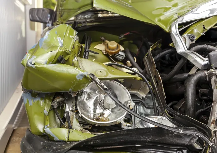 Framed Print : Accident, Car crash collision. Closeup shot of a crashed oldtimer cars front with demolished headlight