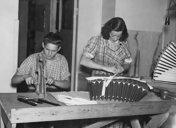 Framed Print : Accordion manufacturing. Interior of Ragnar Sundquists accordion factory in Stockholm