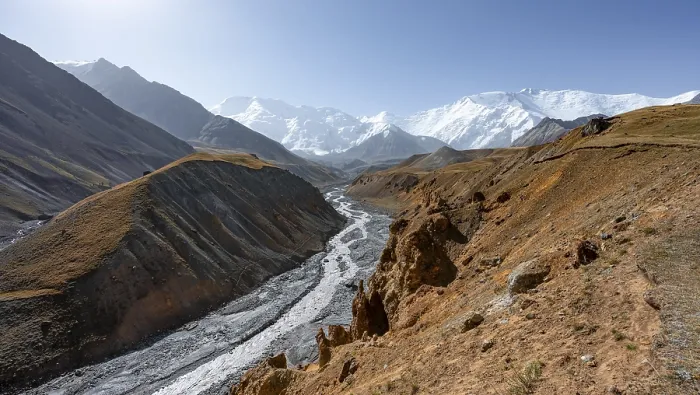 Framed Print : Achik Tash river, Achik Tash valley with rock formations