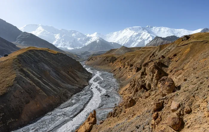 Framed Print : Achik Tash river, Achik Tash valley with rock formations