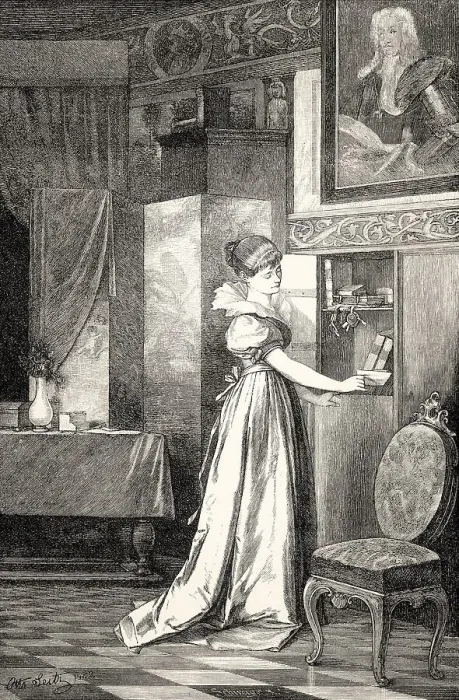 Framed Print : ACT II, SCENE IV. Eugenia placing the parchment in the press