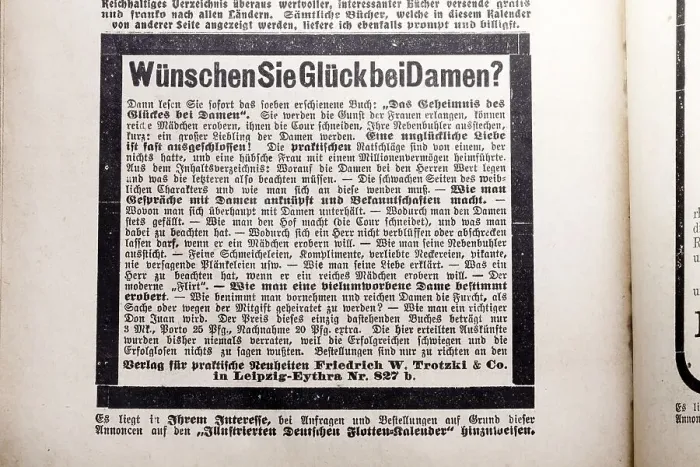 Framed Print : Advertisement promising the secret of happiness with women in an illustrated German fleet calendar