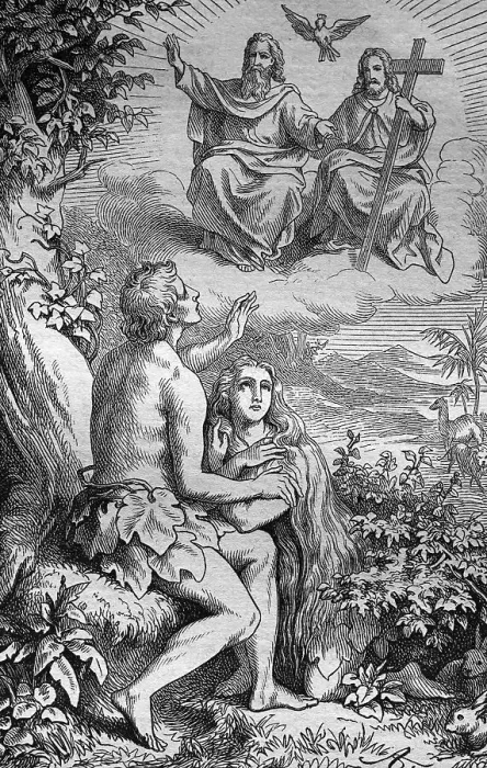 Framed Print : Adam and Eve in Paradise, historic steel engraving from 1860
