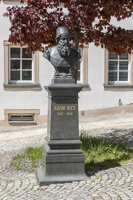 Framed Print : Adam Ries Memorial in front of the Adam Ries House in Annaberg Framed Print : Adam Ries Memorial in front of the Adam Ries House in Annaberg