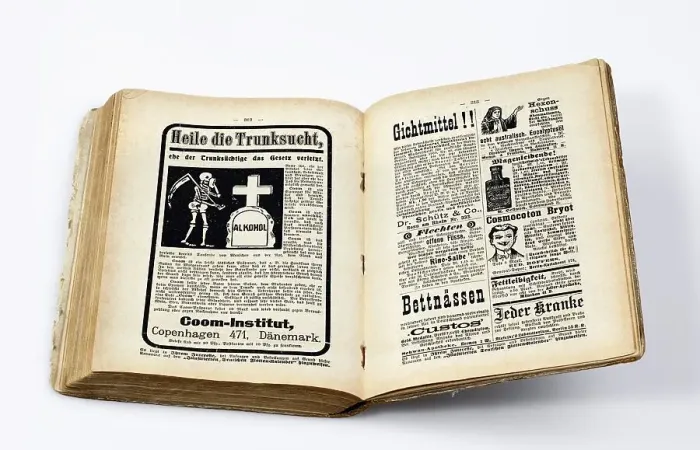 Framed Print : Advertisements featuring miracle cures for alcoholism and gout in an illustrated German fleet calendar