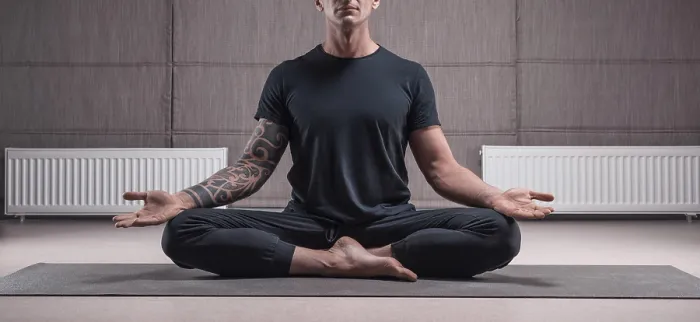 Framed Print : Adult man performs asana exercises