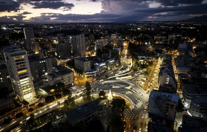 Framed Print : Aerial drone photograph of cityscape of Nicosia in Cyprus at sunset