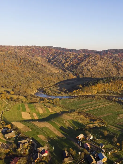 Framed Print : Aerial Drone View of autumn mountains with forests and river