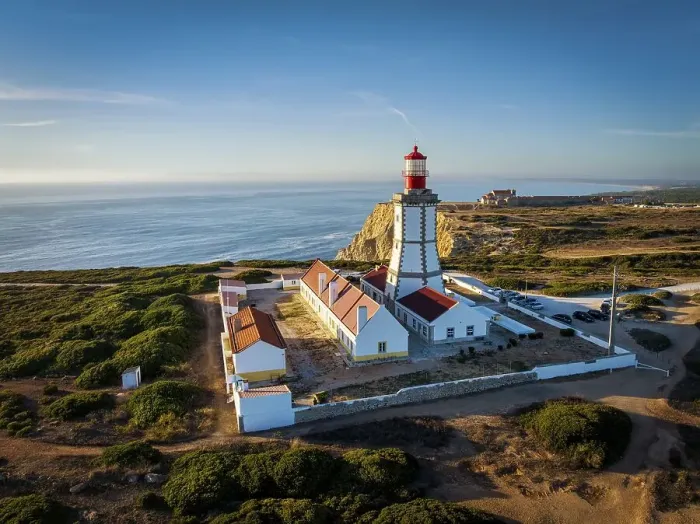Framed Print : Aerial drone view of lighthouse on Cabo Espichel cape Espichel on Atlantic ocean