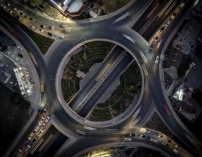 Framed Print : Aerial drone top view of a modern designed motorway junction
