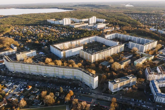 Framed Print : Aerial drone wideangle panorama photo of DDR Plattenbau in Berlin Kopenick
