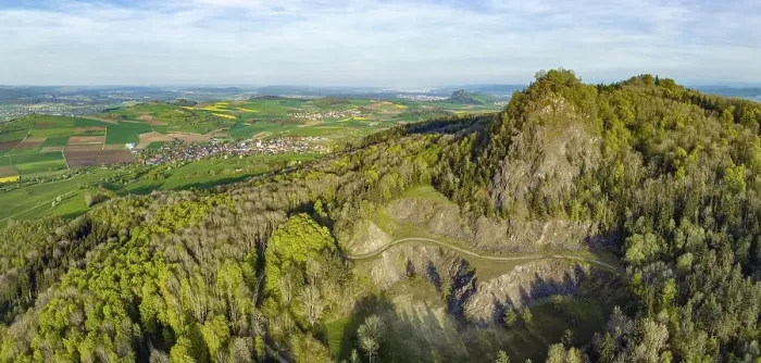 Framed Print : Aerial panorama of the former basalt quarry at the Hegau volcano Hohenstoffeln