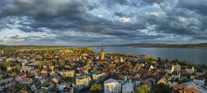 Framed Print : Aerial panorama of the town of Radolfzell on Lake Constance