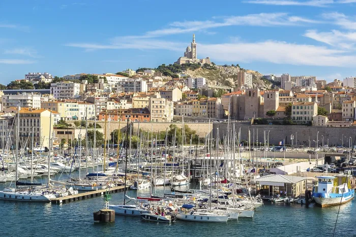 Framed Print : Aerial panoramic view on basilica of Notre Dame de la Garde and old port in Marseille