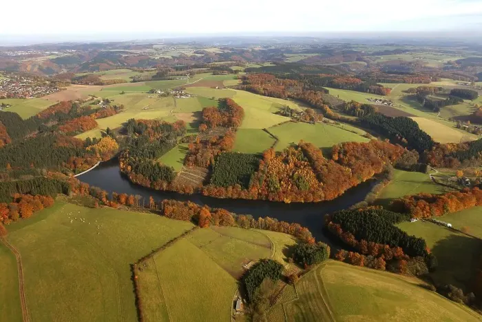 Framed Print : Aerial shot, autumn, Heilenbeck Dam Framed Print : Aerial shot, autumn, Heilenbeck Dam