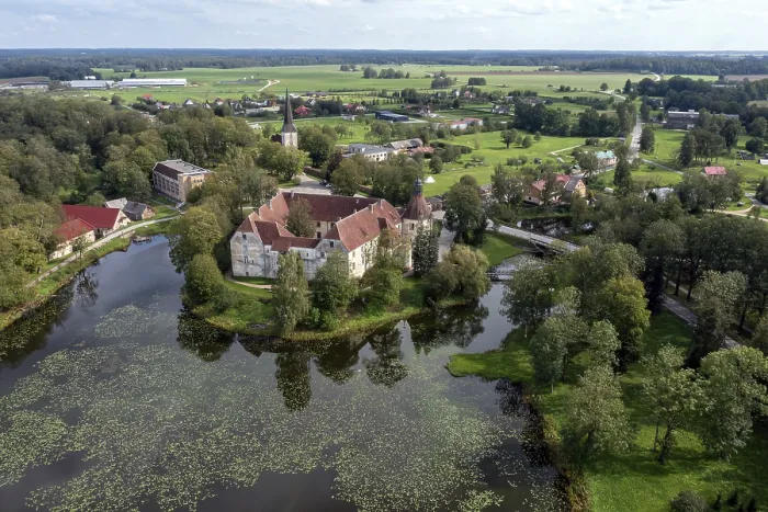 Framed Print : An aerial shot of medieval Jaunpils Castle