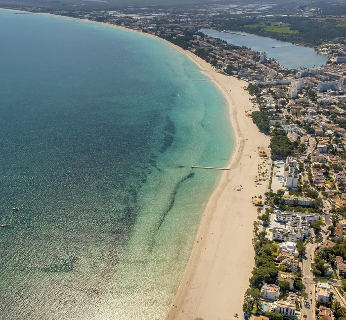 Framed Print : Aerial view, Alcudia, turquoise blue water on the beach of Alcudia Framed Print : Aerial view, Alcudia, turquoise blue water on the beach of Alcudia