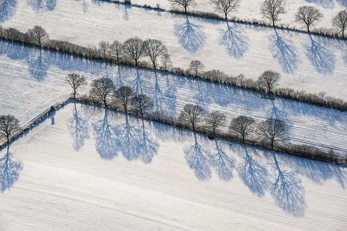 Framed Print : Aerial view of an artic landscape in Schleswig-Holstein with snow