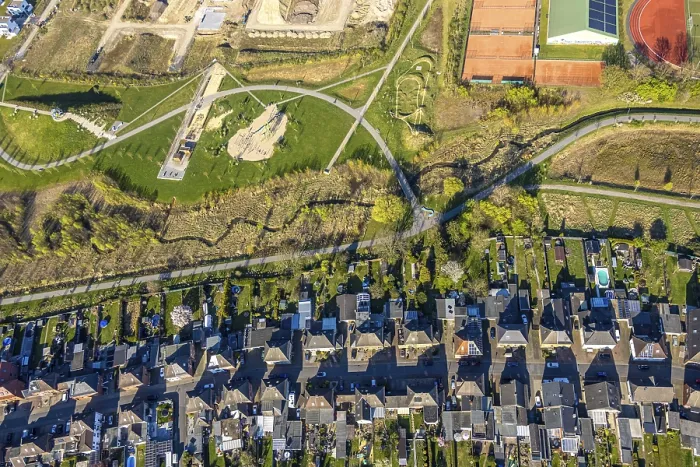 Framed Print : Aerial view, Auenpark and Selmer Bach with green area Framed Print : Aerial view, Auenpark and Selmer Bach with green area