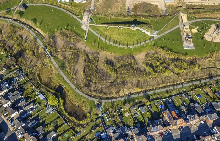Framed Print : Aerial view, Auenpark and Selmer Bach with green area