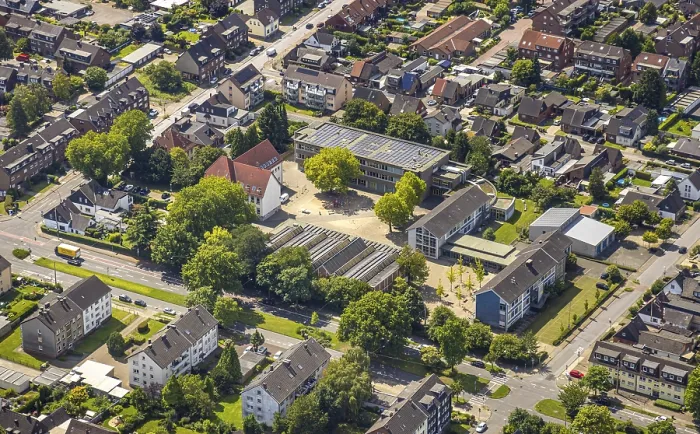Framed Print : Aerial view, August-Everding-Realschule with solar roof