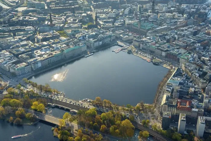 Framed Print : Aerial view autumn atmosphere over the Inner Alster Lake