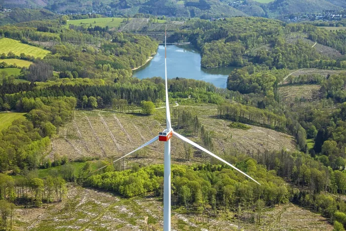 Framed Print : Aerial view, AVU wind turbines near Brantener StraBe