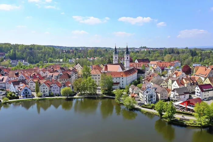 Framed Print : Aerial view of Bad forest lake with the town lake and the town parish church of St