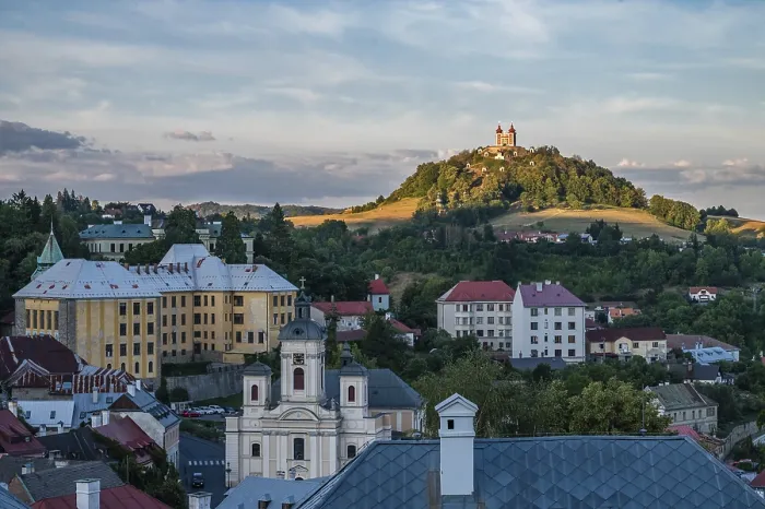 Framed Print : Aerial view over Banska Stiavnica at monastery on the hill
