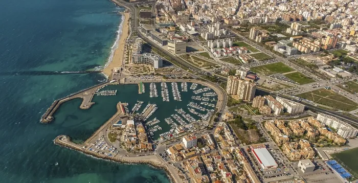 Framed Print : Aerial view, bay and harbour, Puerto de Portixol
