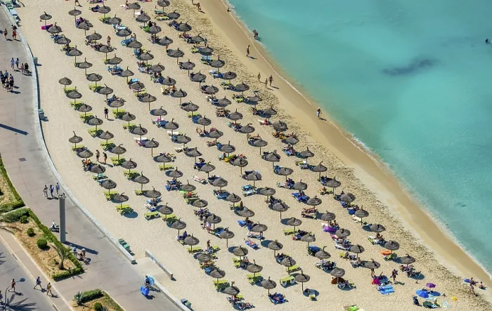 Framed Print : Aerial view, beach life and sunbathing with straw parasols at Playa de Palma