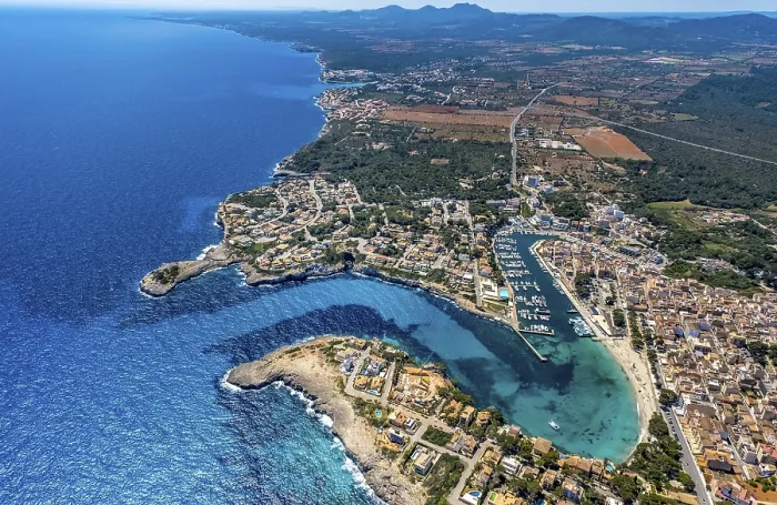 Framed Print : Aerial view, beach and marina of Porto Cristo Framed Print : Aerial view, beach and marina of Porto Cristo