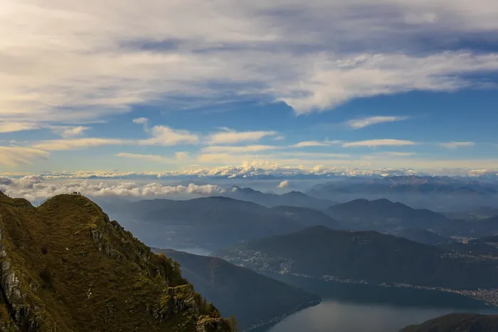 Framed Print : Aerial View over Beautiful Mountainscape with Snow Capped Mountain and Cloudscape
