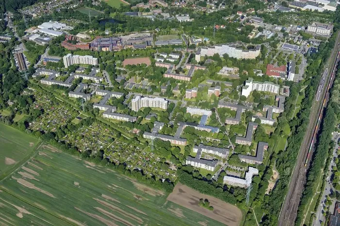 Framed Print : Aerial view of Bergedorf West, housing estate Framed Print : Aerial view of Bergedorf West, housing estate