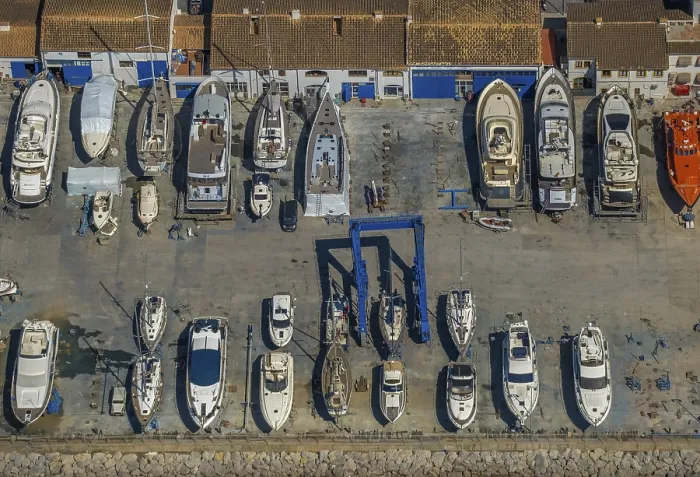 Framed Print : Aerial view, boatyard in the harbour of Alcudia