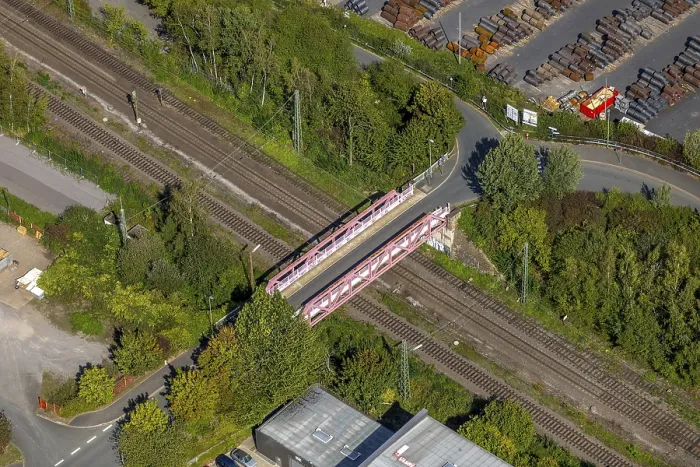 Framed Print : Aerial view, bridge over railway tracks