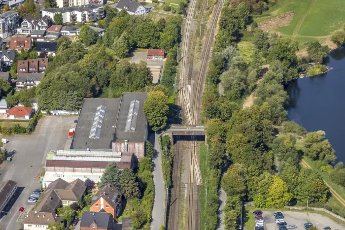 Framed Print : Aerial view, bridge over railway tracks Framed Print : Aerial view, bridge over railway tracks