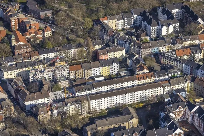 Framed Print : Aerial view, building sin in the classic perimeter block development