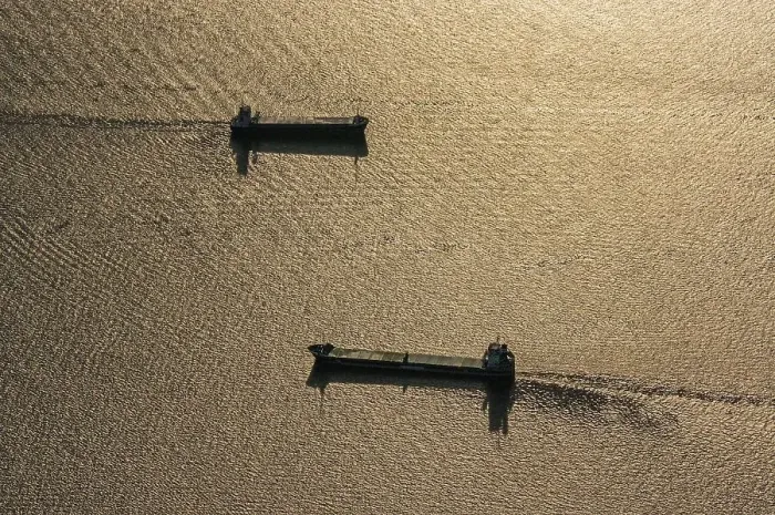 Framed Print : Aerial view of cargo ships on the Elbe at sunset Framed Print : Aerial view of cargo ships on the Elbe at sunset