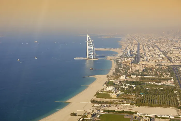 Framed Print : Aerial view of the city with the Al Arab seen from the helicopter Framed Print : Aerial view of the city with the Al Arab seen from the helicopter