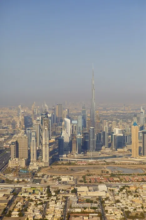 Framed Print : Aerial view of the city with the Burj Khalifa seen from the helicopter