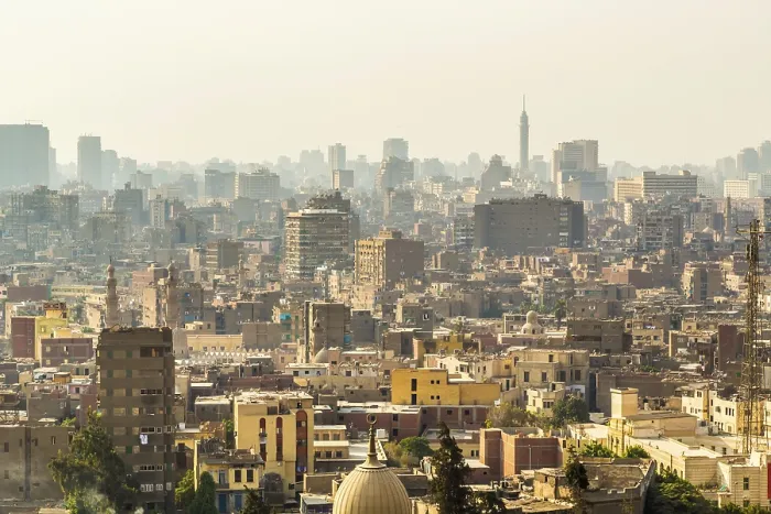 Framed Print : Aerial view of the city of Cairo with densely packed residential homes and buildings