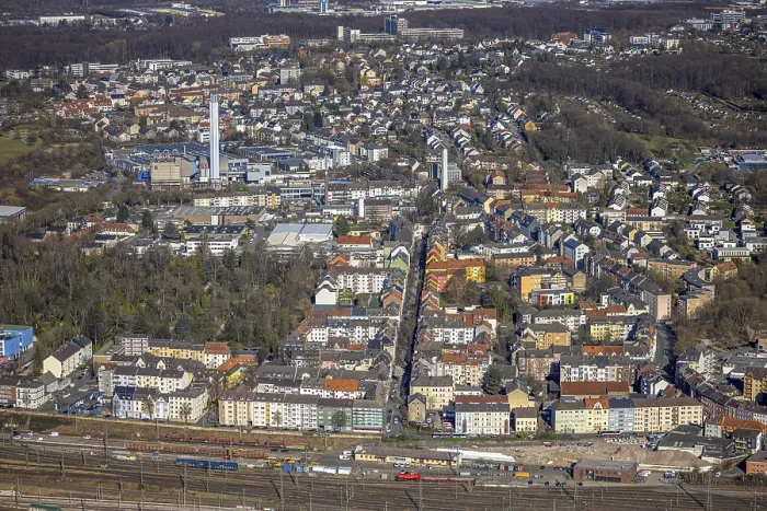 Framed Print : Aerial view, city centre with AlleestraBe and railway tracks at the main station