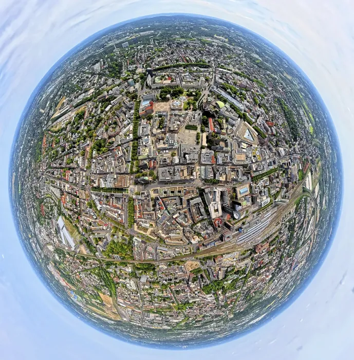 Framed Print : Aerial view, city centre view with town hall and Friedensplatz
