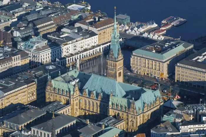 Framed Print : Aerial view, city hall, Alsterfleet