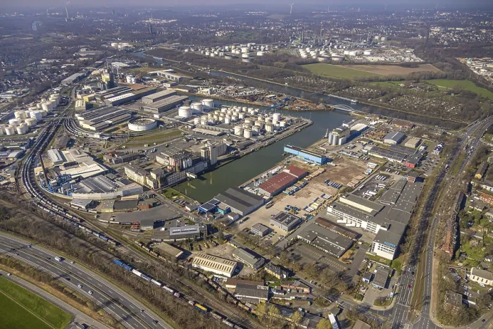 Framed Print : Aerial view, city harbour site industrial area and Rhine-Herne Canal Framed Print : Aerial view, city harbour site industrial area and Rhine-Herne Canal