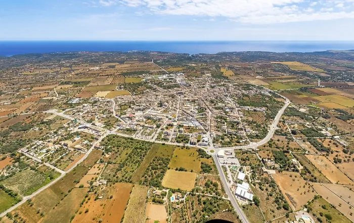 Framed Print : Aerial view, city ring and town view with church Sant Andreu in Santanyi
