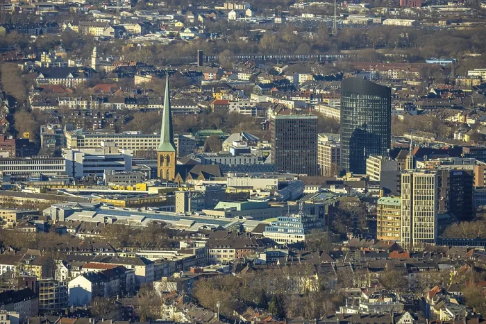 Framed Print : Aerial view, City with RWE Tower and St Framed Print : Aerial view, City with RWE Tower and St